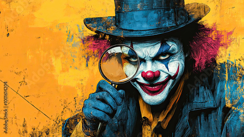  clown investigates with a magnifying glass on yellow photo