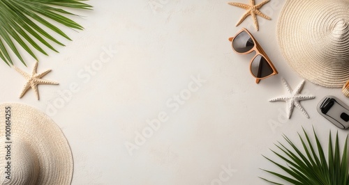 Stylish beach essentials featuring sunglasses, shells, and tropical leaves on...
