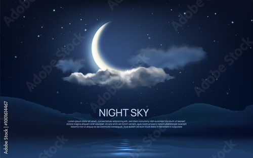 Night sky background. Clouds and moon. Star glow. Crescent on dark blue summer heaven. Evening space light. Mountain peak. Lake water. Midnight cloudscape. Vector twilight nature scene