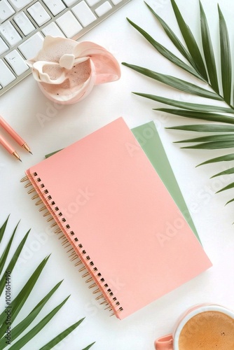 A bright workspace featuring a pink notepad, cup of coffee, and keyboard surr...