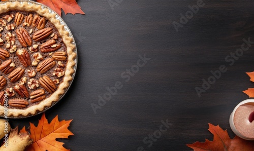 Delicious pecan pie surrounded by autumn leaves and seasonal decorations on a...