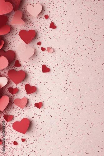 Colorful paper hearts scattered on a soft pink background for a festive celeb...