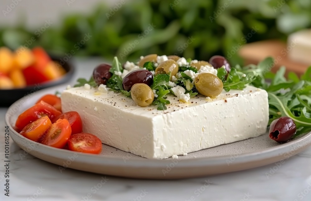 Fresh feta cheese on a plate with olives and arugula in a bright kitchen setting Fresh feta cheese on a plate with olives and arugula in a bright kitchen setting
