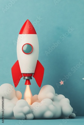 A toy rocket launching into space with clouds and stars in a colorful backdrop