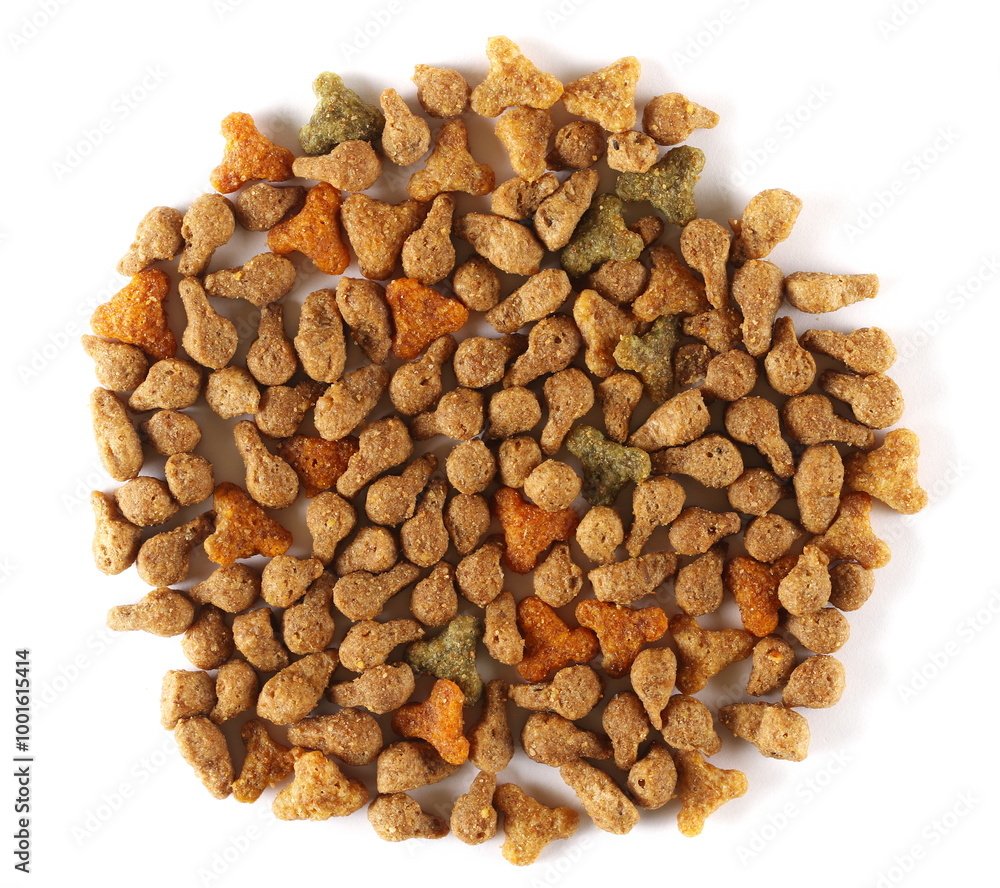 Pile dry colorful cat food isolated on white background, top view Pile dry colorful cat food isolated on white background, top view