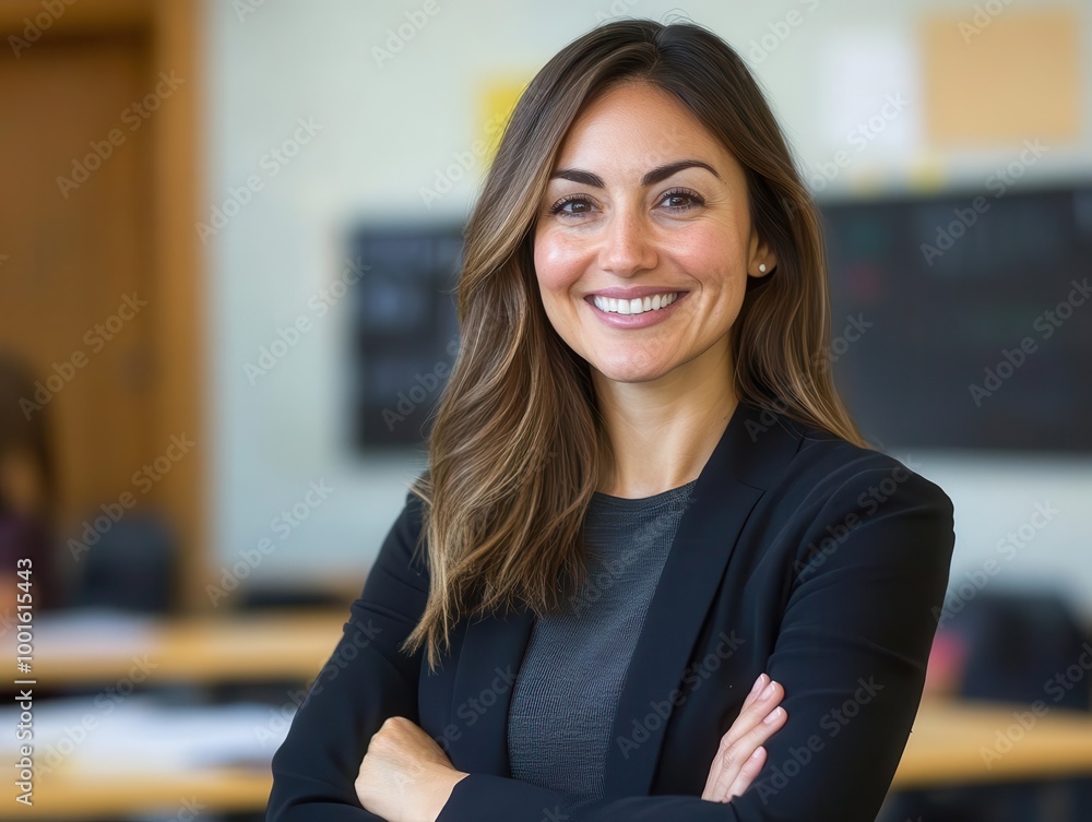 cheerful female educator in professional attire warm smile crossed arms classroom background soft lighting cheerful female educator in professional attire warm smile crossed arms classroom background soft lighting