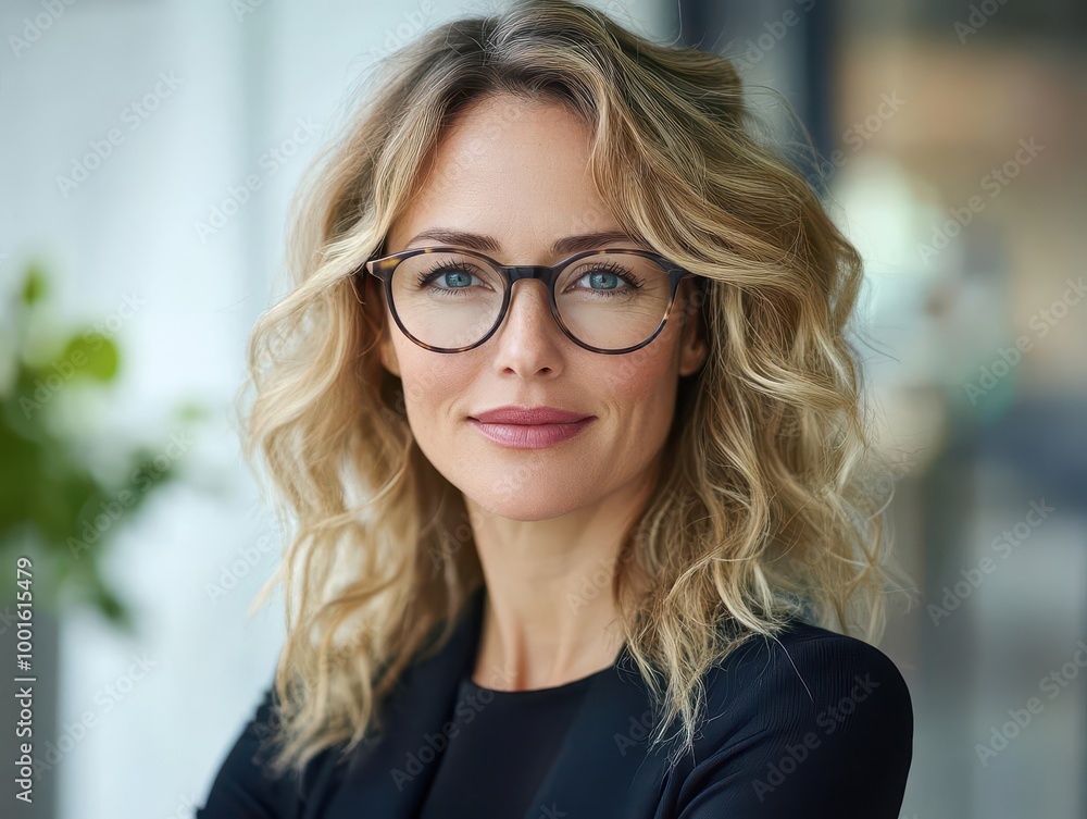 closeup portrait of a confident businesswoman with wavy blonde hair and stylish glasses warm smile and piercing gaze set against a softfocus professional office background closeup portrait of a confident businesswoman with wavy blonde hair and stylish glasses warm smile and piercing gaze set against a softfocus professional office background