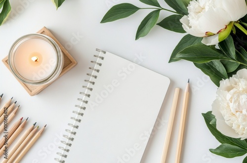 Calm workspace with a blank notebook, candles, colored pencils, and fresh flo...