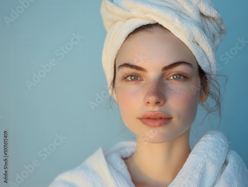 aigenerated portrait of a serene woman wrapped in a soft towel skin glowing with a natural freshfaced beauty soft lighting enhances her relaxed expression photo