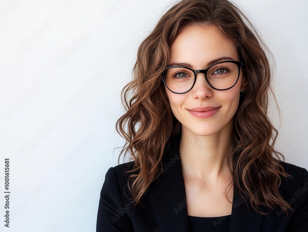 confident businesswoman portrait against clean white backdrop warm smile professional attire and modern glasses convey approachability and expertise confident businesswoman portrait against clean white backdrop warm smile professional attire and modern glasses convey approachability and expertise