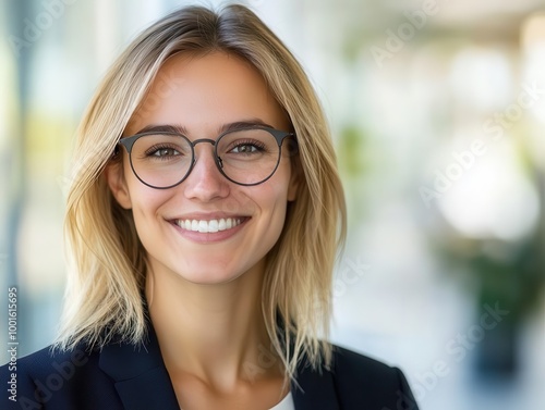 confident businesswoman with radiant smile and modern glasses exuding professionalism against a clean bright office background