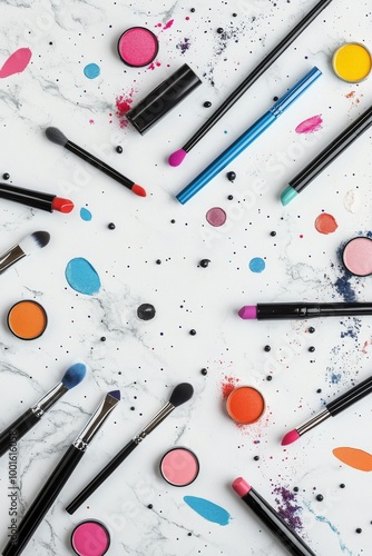 Colorful makeup brushes arranged artistically on a vibrant, splattered backgr...