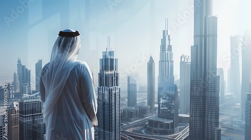 Arabian businessman standing with hands on hips against modern cityscape background photo