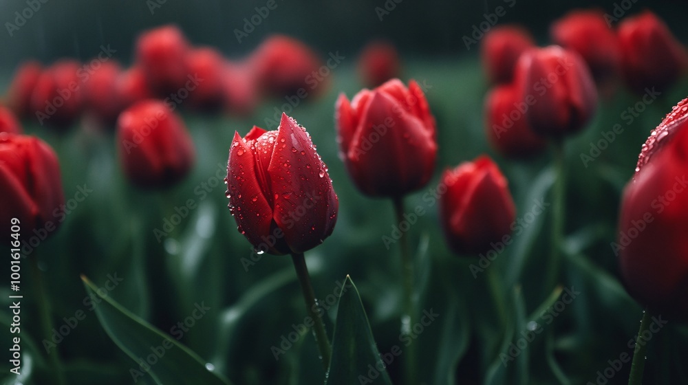 Fototapeta premium red tulips with water droplets