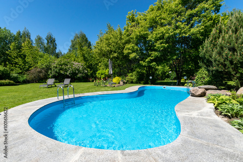 Outdoor private swimming pool against the blue sky, surrounded by green shrubs.