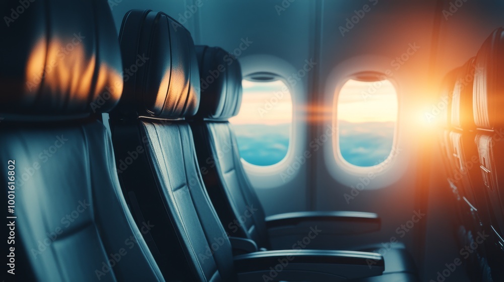 Empty airplane seats by the window with stunning sunset over the clouds in the background Empty airplane seats by the window with stunning sunset over the clouds in the background
