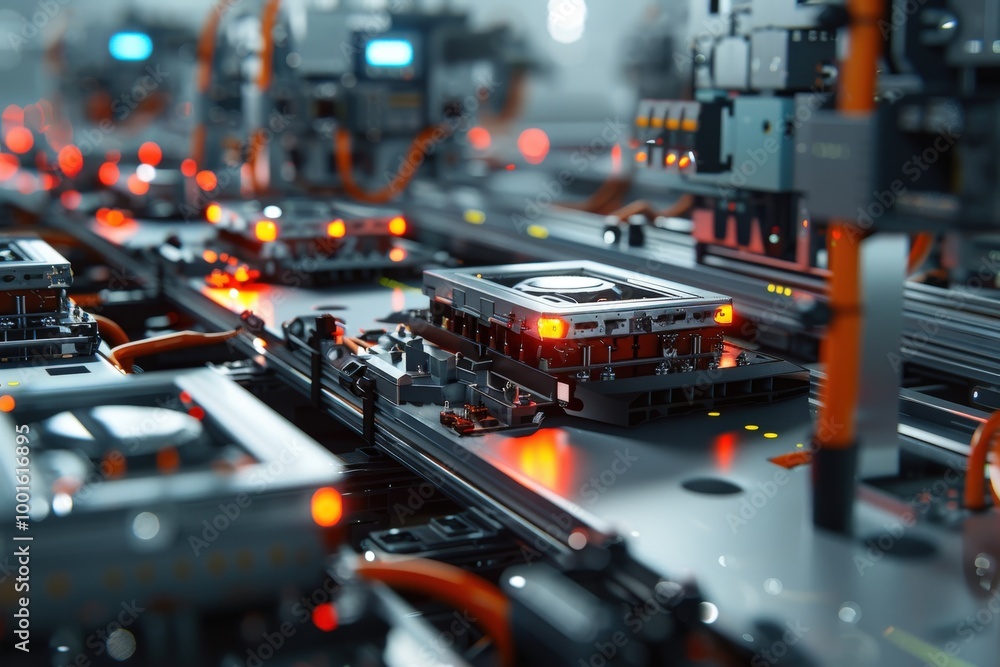 A row of computer chips are lit up in a factory, generative ai image A row of computer chips are lit up in a factory, generative ai image