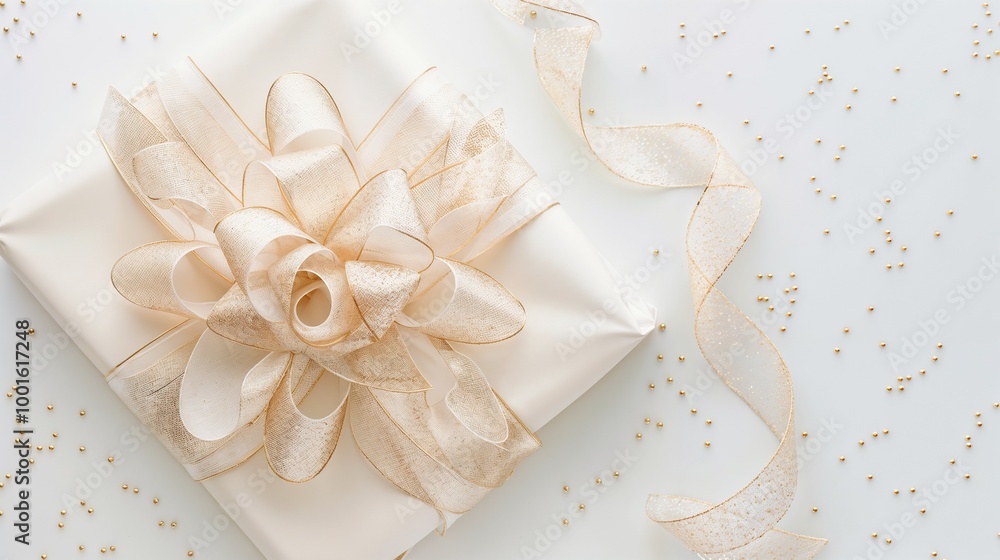 Elegant gift wrapped in soft gold ribbon with decorative bow, surrounded by small golden beads on a light background
Elegant gift wrapped in soft gold ribbon with decorative bow, surrounded by small golden beads on a light background