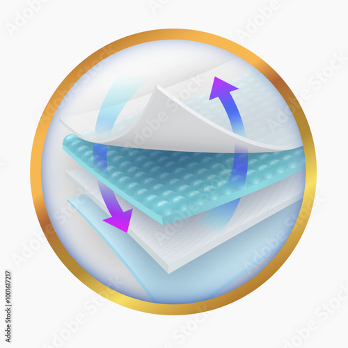 Rotating ventilation of the absorbent layer, advertising icon for Baby and adult diapers, incontinence pads, sanitary napkins, scent masks, mattresses. Realistic vector illustration.