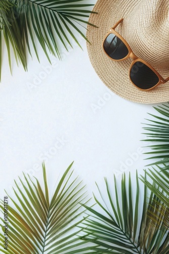 Summer vacation essentials arranged with tropical leaves, sunglasses, and a s...