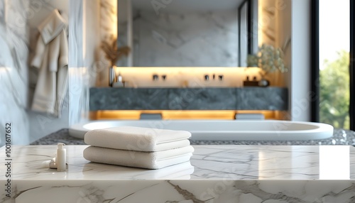 Elegant white bathroom setting featuring a marble table adorned with a neatly placed towel and a soft-focus backdrop of a serene restroom space.