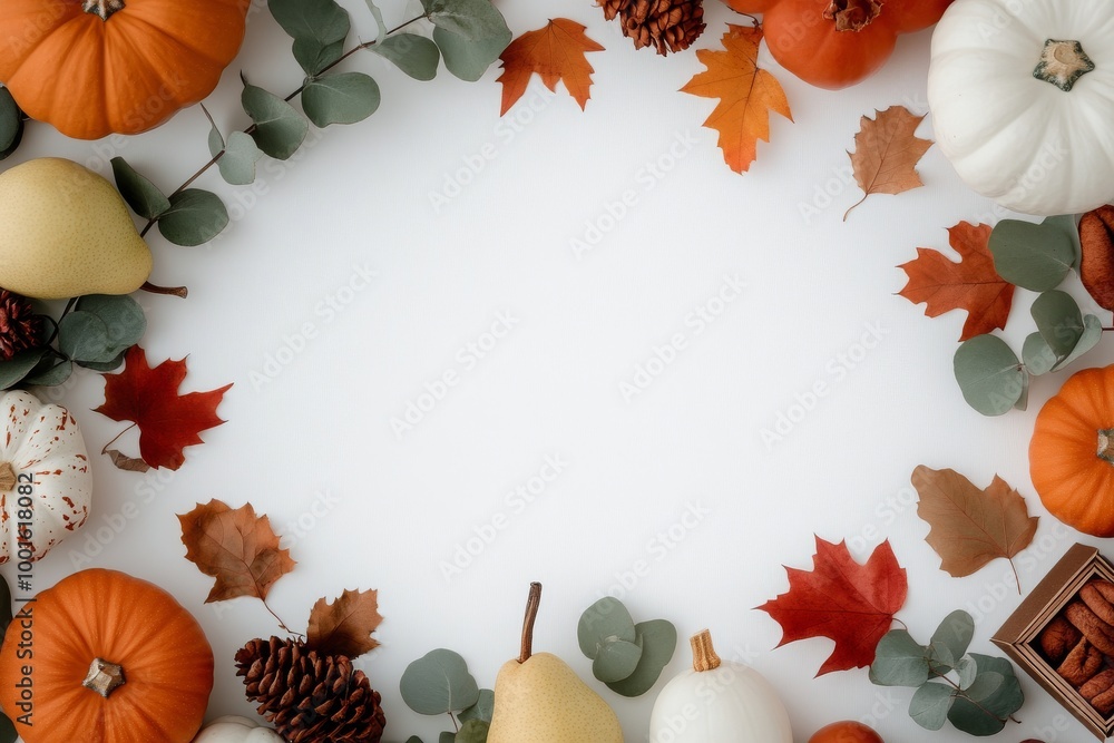 Fototapeta premium Autumn harvest arrangement with pumpkins, gourds, and fall leaves on a white background