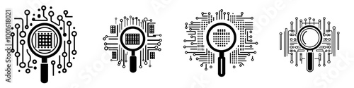 A magnifying glass displaying binary code and circuit lines symbolizing digital investigation.