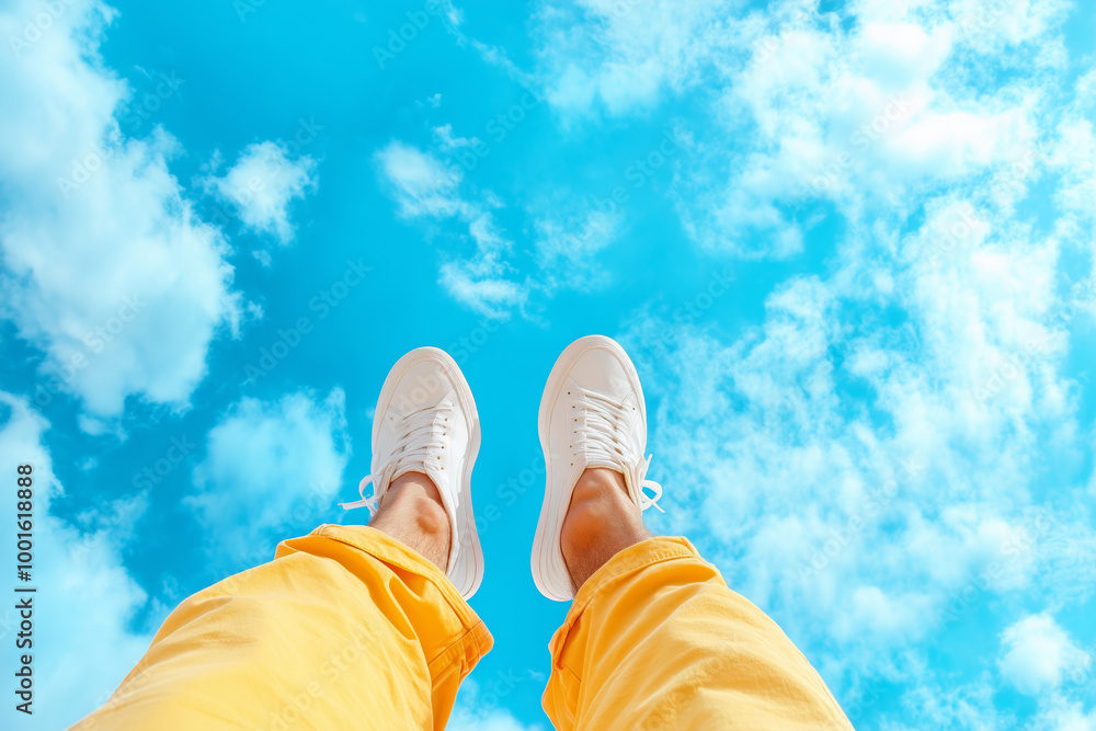 A person relaxing in bright yellow pants and white shoes against a vibrant blue sky with clouds A person relaxing in bright yellow pants and white shoes against a vibrant blue sky with clouds
