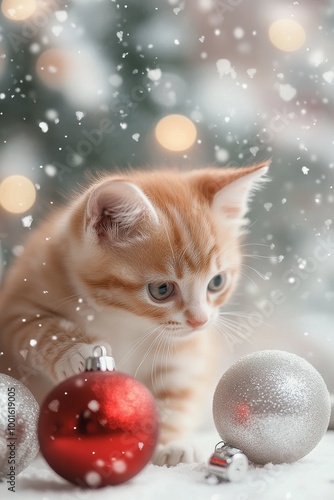 Playful orange kitten exploring festive decorations during winter holiday season