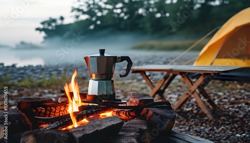 Morning beach campsite with coffee pot over fire, tent, and folding chair table enveloped in mist