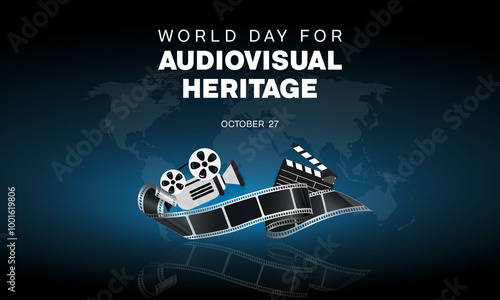 World Day for Audiovisual Heritage design. It features a film reel, a camera and a clapper board. Vector illustration.