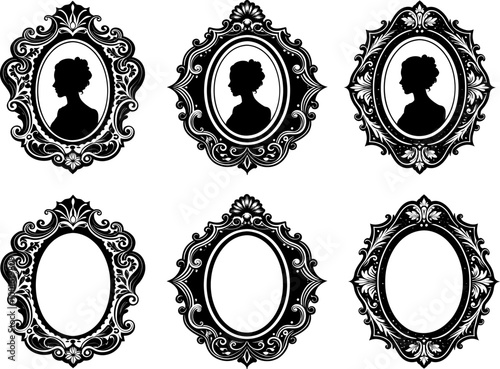 Set Vektor Silhouette Antike Bilderrahmen - Kopf einer Frau aus einer früheren Epoche - Leere Bilderrahmen als Design Element Vorlage