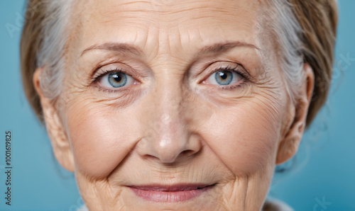 A woman with blue eyes and silver hair smiles softly for the camera