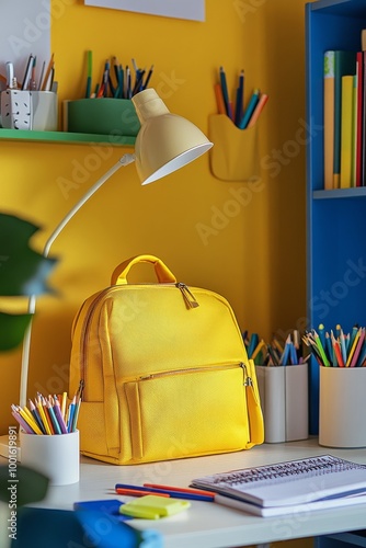 Bright yellow backpack on a desk with stationery in a cheerful, floral-themed...