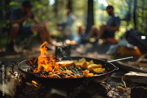A group of friends are camping in the woods. They are cooking food over a campfire.