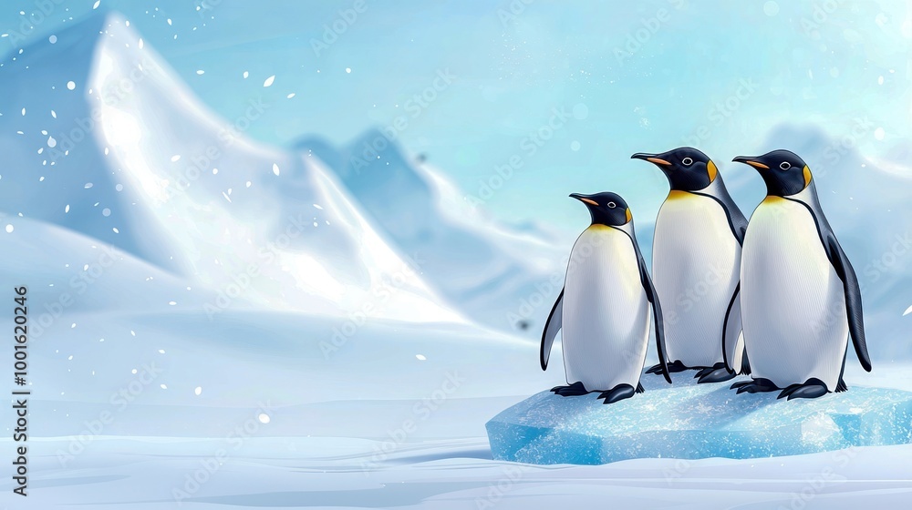 Fototapeta premium Three cheerful penguins stand on an ice floe, surrounded by a serene snowy landscape and distant mountains.