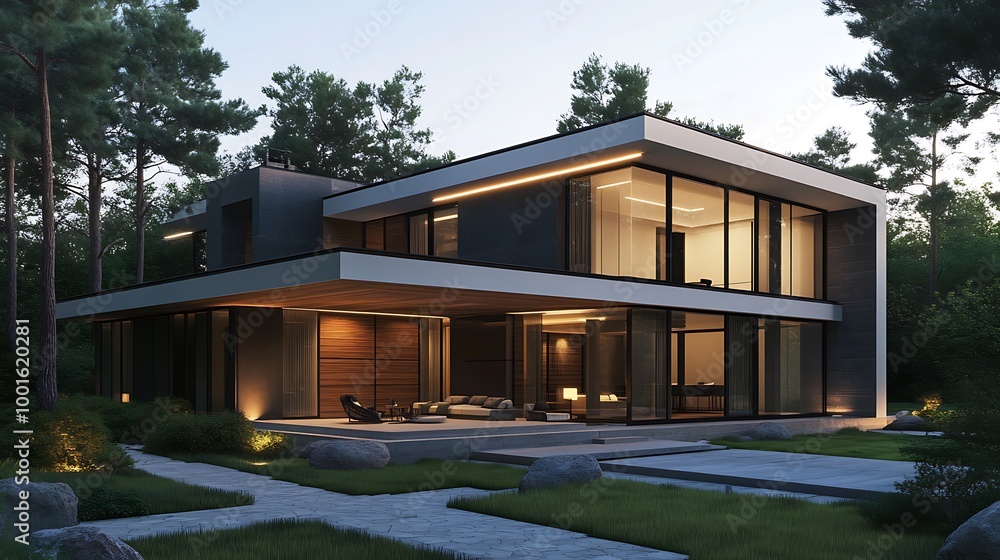 Modern house with large windows, a patio, and a pool in a forest setting. Exterior design for architecture and real estate Modern house with large windows, a patio, and a pool in a forest setting. Exterior design for architecture and real estate