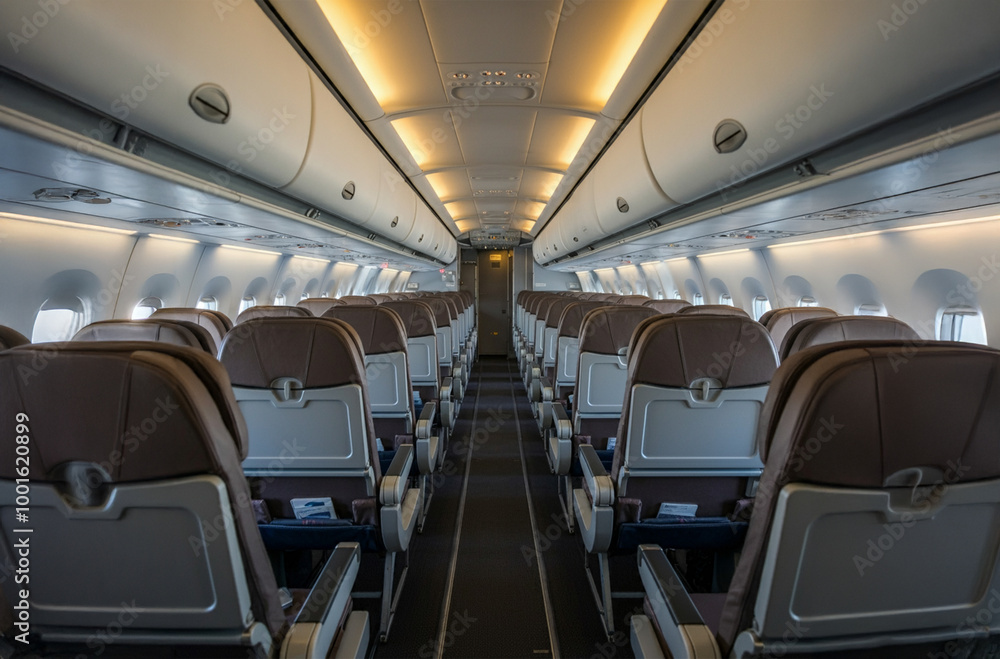 Interior view of a passenger aircraft being prepared for flight. passengers have not yet been allowed inside. Interior view of a passenger aircraft being prepared for flight. passengers have not yet been allowed inside.