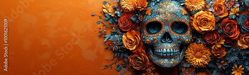 Vibrant Day of the Dead (Dia De Los Muertos) sugar skull adorned with floral patterns, ideal for festive decor, parties, or cultural celebrations.