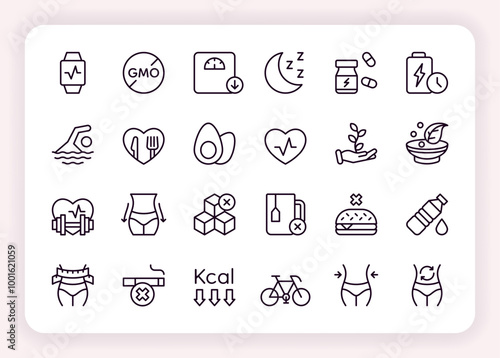 Healthy food icons. Health diet. Stomach detox and vitamin balance. Nutritionist for weight obesity. Fitness workout. Gym exercise. Sugar and lactose free. Allergen sign. Vector symbols set