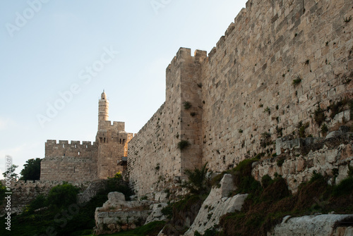 View of the Tower of David and western expanse of walls and ramparts of the Old City of Jerusalem.