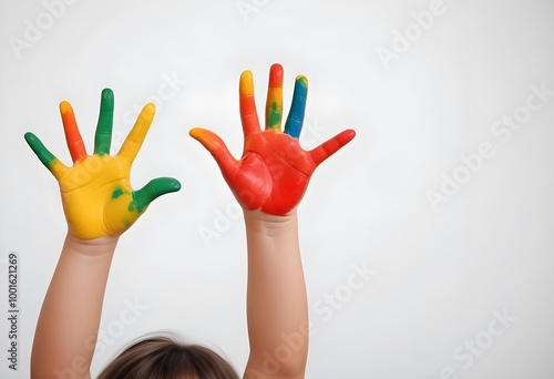 Colorful painted hands of a young child raised up, with a smiling face in the background