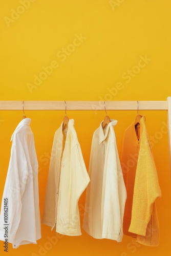 Colorful display of yellow and white garments arranged on a wooden rack again...