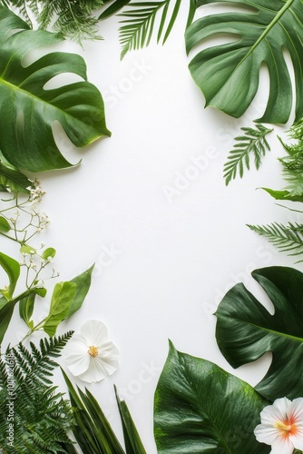 Natural green leaves and white flowers arranged beautifully on a plain surface