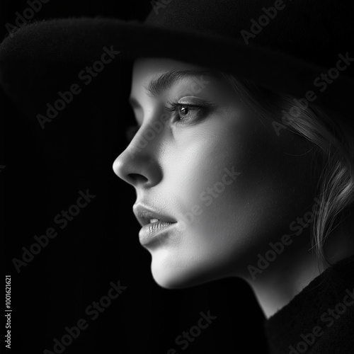 A poignant black and white portrait of a widowed girl wearing a black hat, capturing her somber expression and strong contrasts that convey a sense of mourning