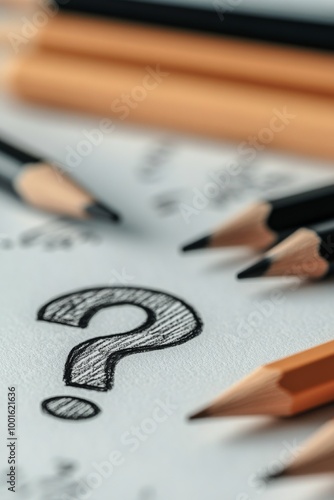 Creative workspace with a question mark drawn in charcoal among pencils and t...