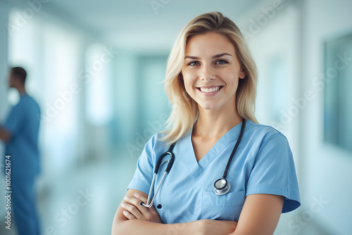 young smiling woman doctor posing in hospital