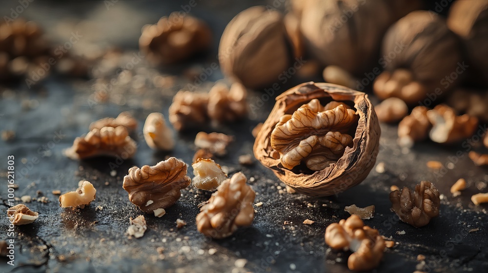 Obraz premium Cracked walnuts on a background covered with walnuts,organic 
