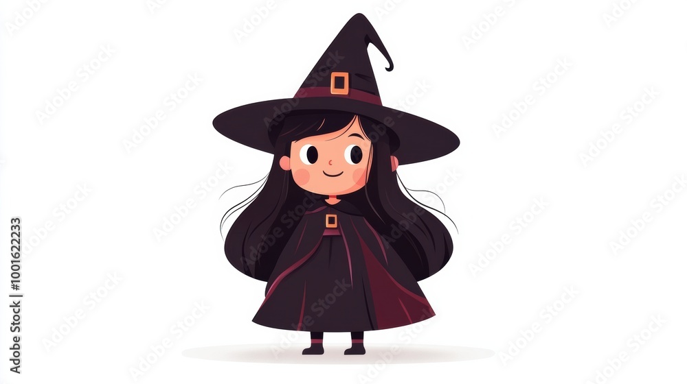 Adorable cartoon witch in black hat and cape for Halloween Adorable cartoon witch in black hat and cape for Halloween