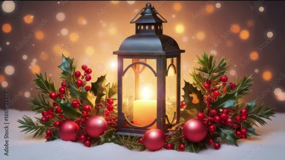 Christmas lantern surrounded by holly and red ornaments and with glowing candle inside Christmas lantern surrounded by holly and red ornaments and with glowing candle inside